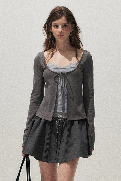 Lace Spliced Tie-Up Long Sleeve Top