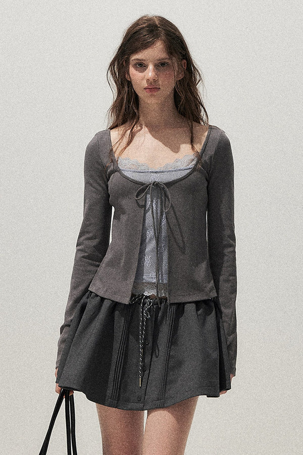Lace Spliced Tie-Up Long Sleeve Top