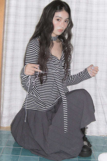 Striped Long-Sleeved Ribbon Bow T-shirt