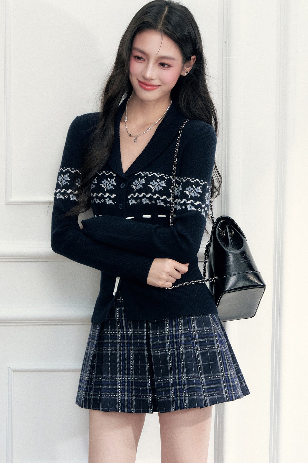 Navy Fair Isle Cardigan and Plaid Skirt Set-Up