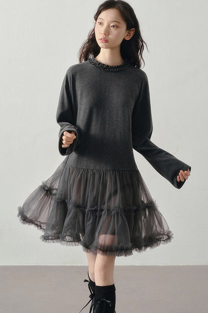 Gray Mesh Patchwork Long Sleeve Dress