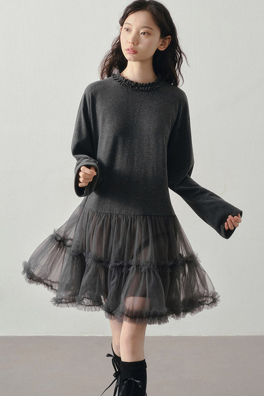 Gray Mesh Patchwork Long Sleeve Dress