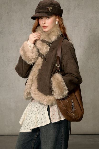 Oatmeal Chocolate Fur Trim Asymmetrical Jacket