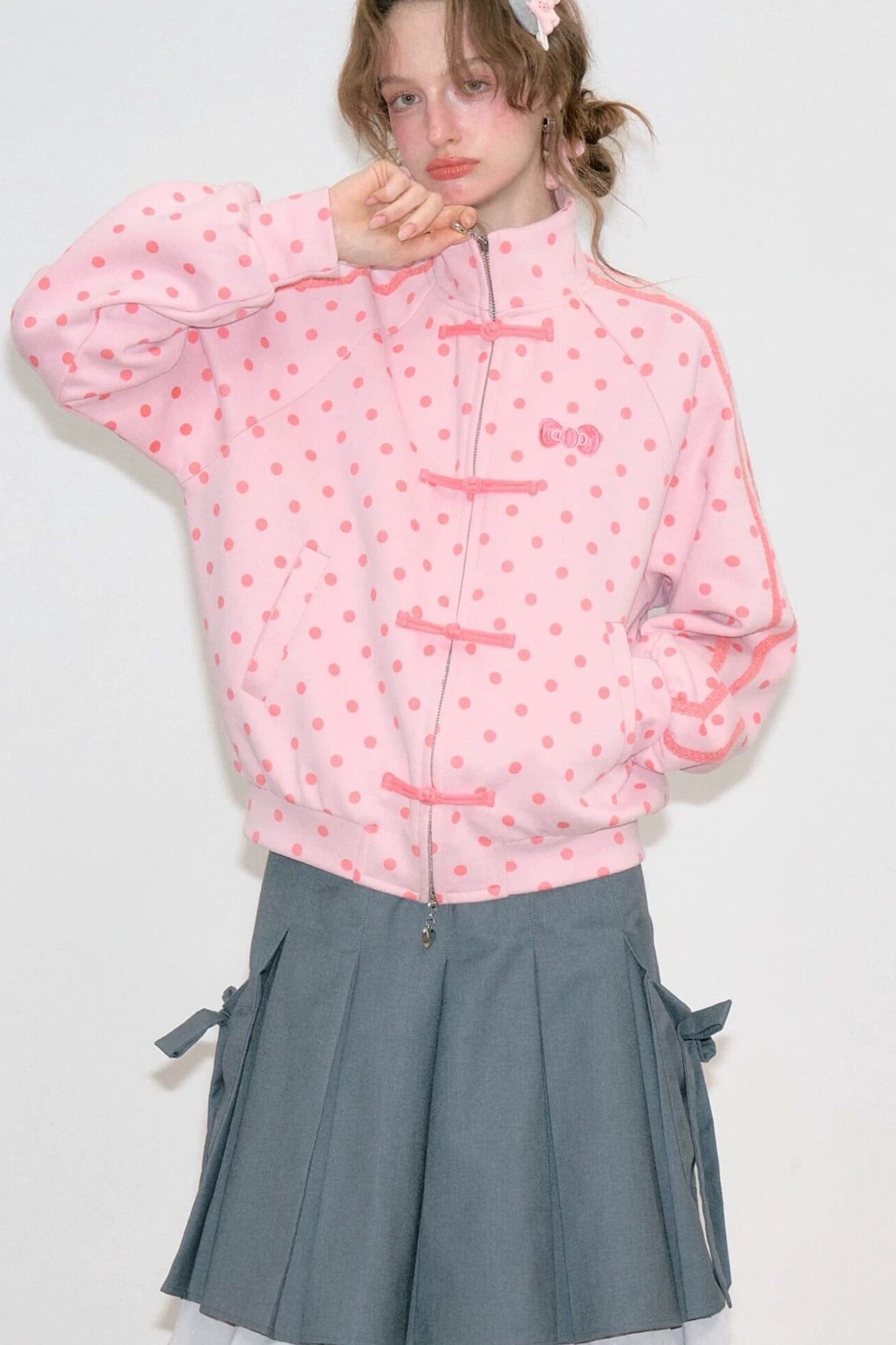 Blue Polka Dot Zipper Hoodie Jacket