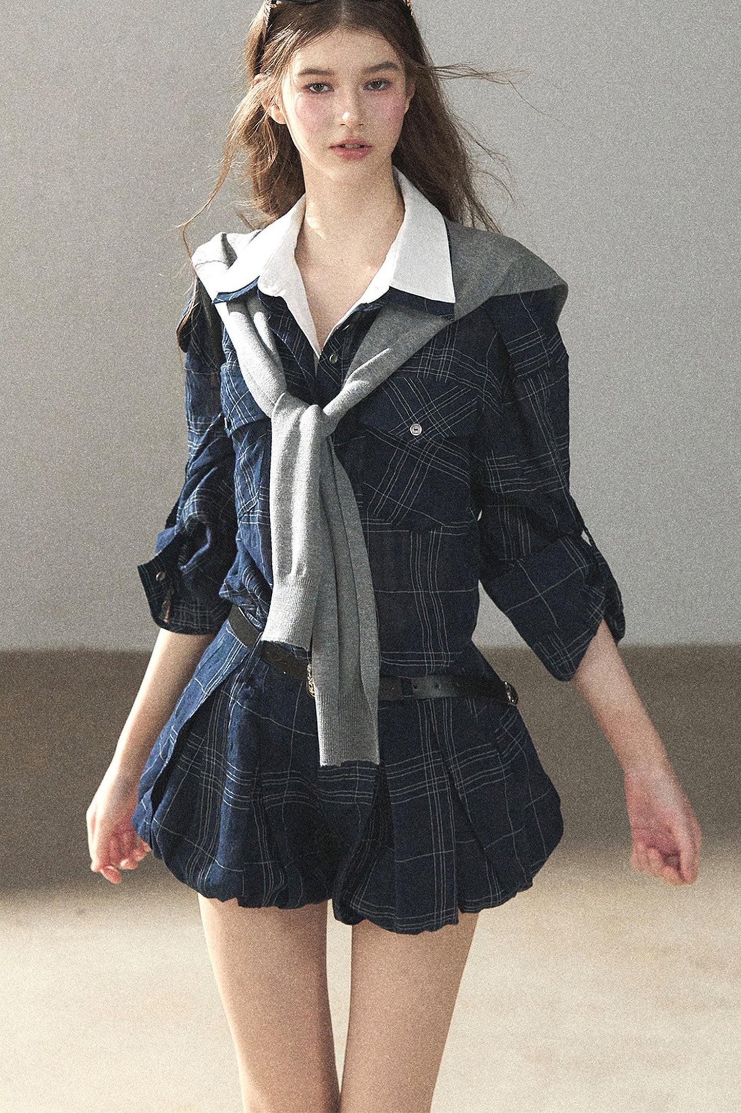Plaid Layered-Look Shirt And Shorts Set-Up