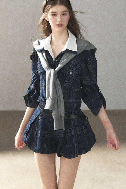 Plaid Layered-Look Shirt And Shorts Set-Up