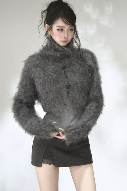 Long-Haired Turtleneck Knit Cardigan