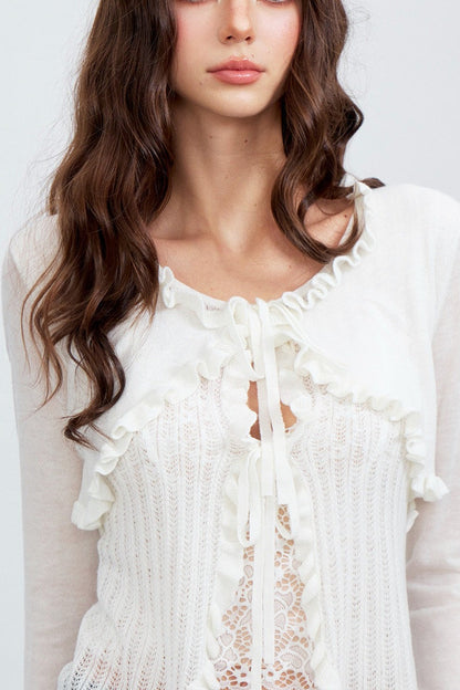 Ruffle Tie Hollow Out Knit Cardigan
