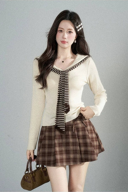 Preppy Navy Collar Blouse and Skirt Set-Up