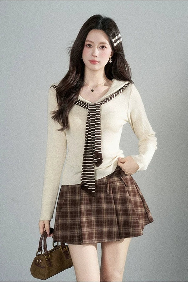 Preppy Navy Collar Blouse and Skirt Set-Up