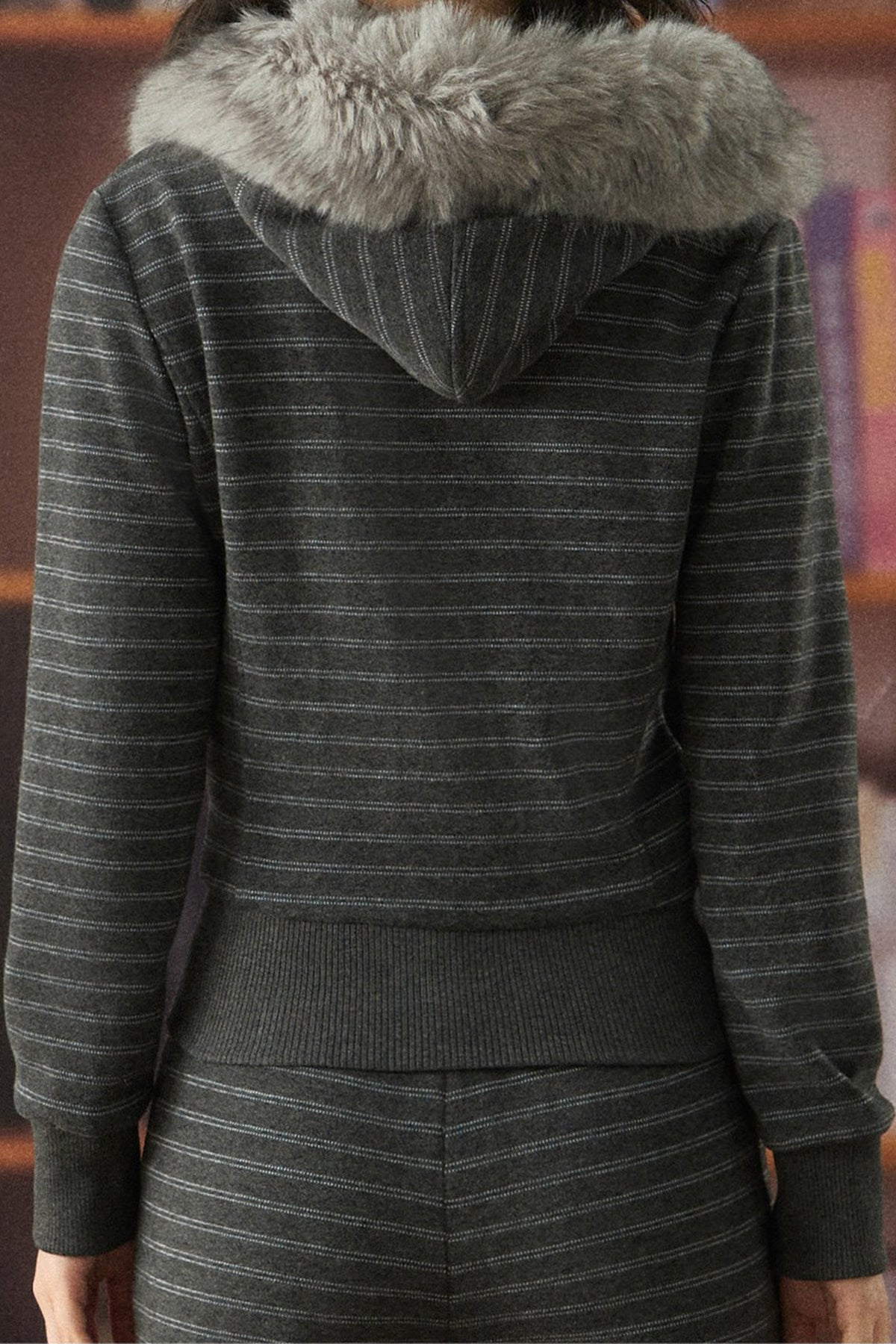 Striped Fur Collar Hooded Sweatshirt and Pants Set-Up