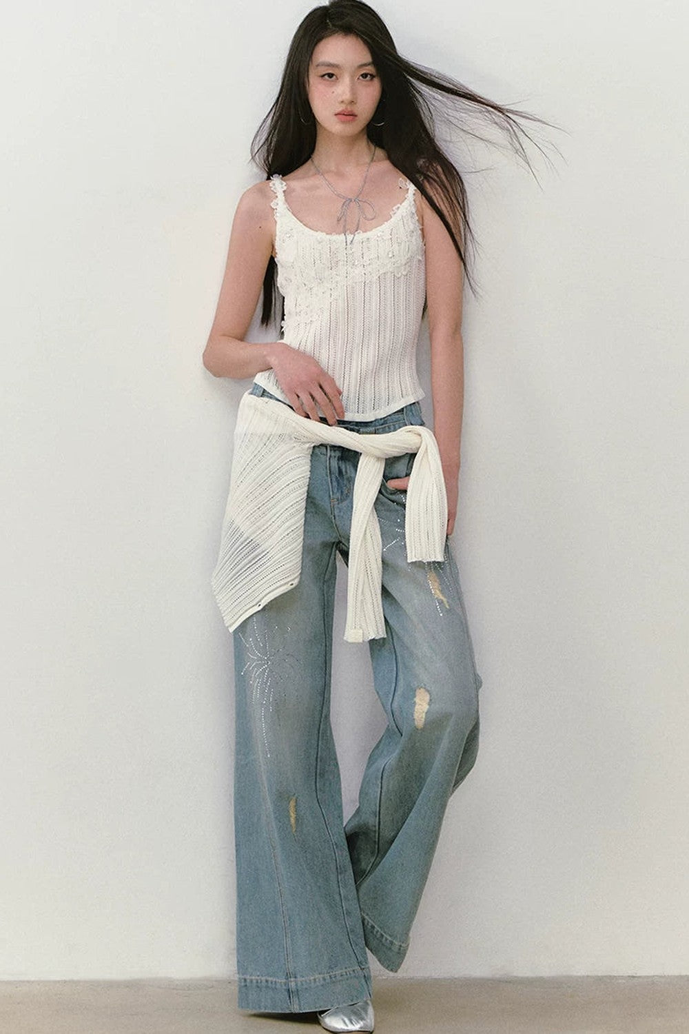 Rhinestone Double Waist Loose Straight Jeans