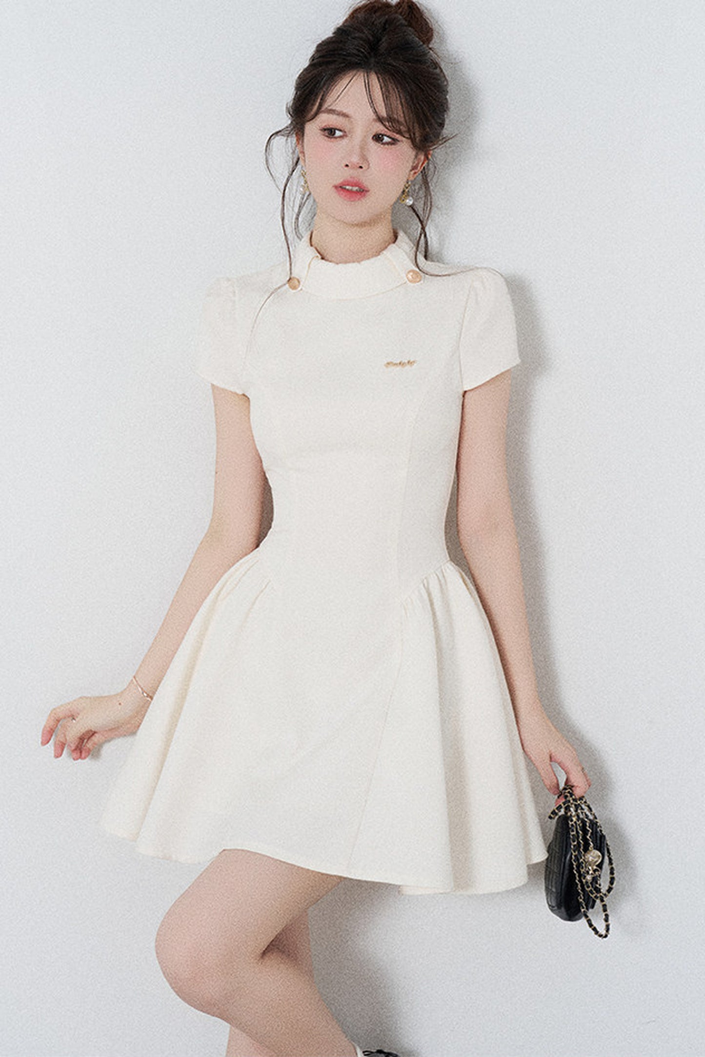 White Waist-Cinching A-Line Dress