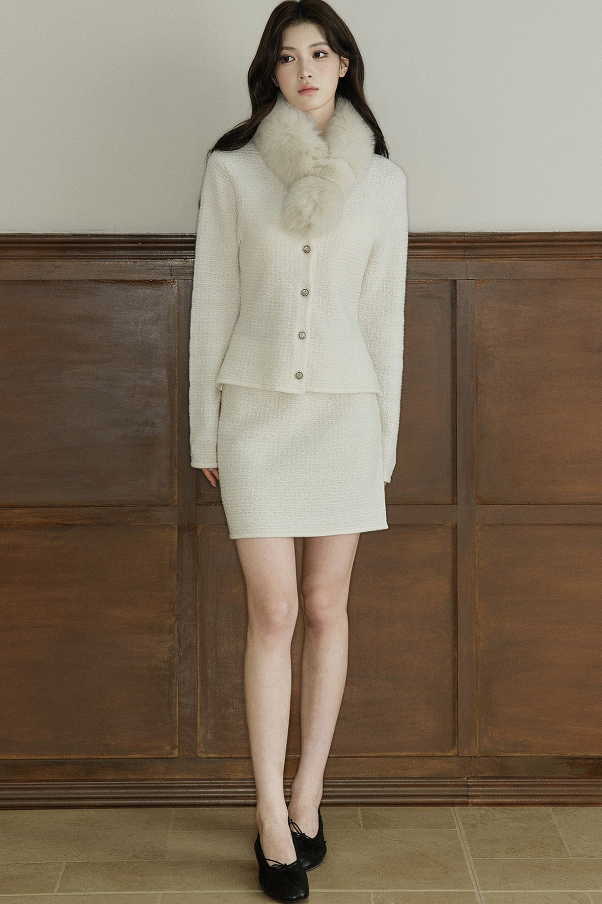 Conjunto de chaqueta y falda de lana texturizada