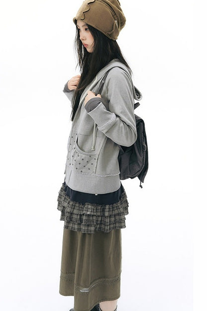 Distressed Floral Print Hooded Open Front Jacket