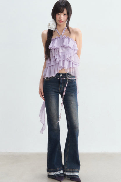 Multi-Layer Ruffle Lace Halter Top and Pants Set