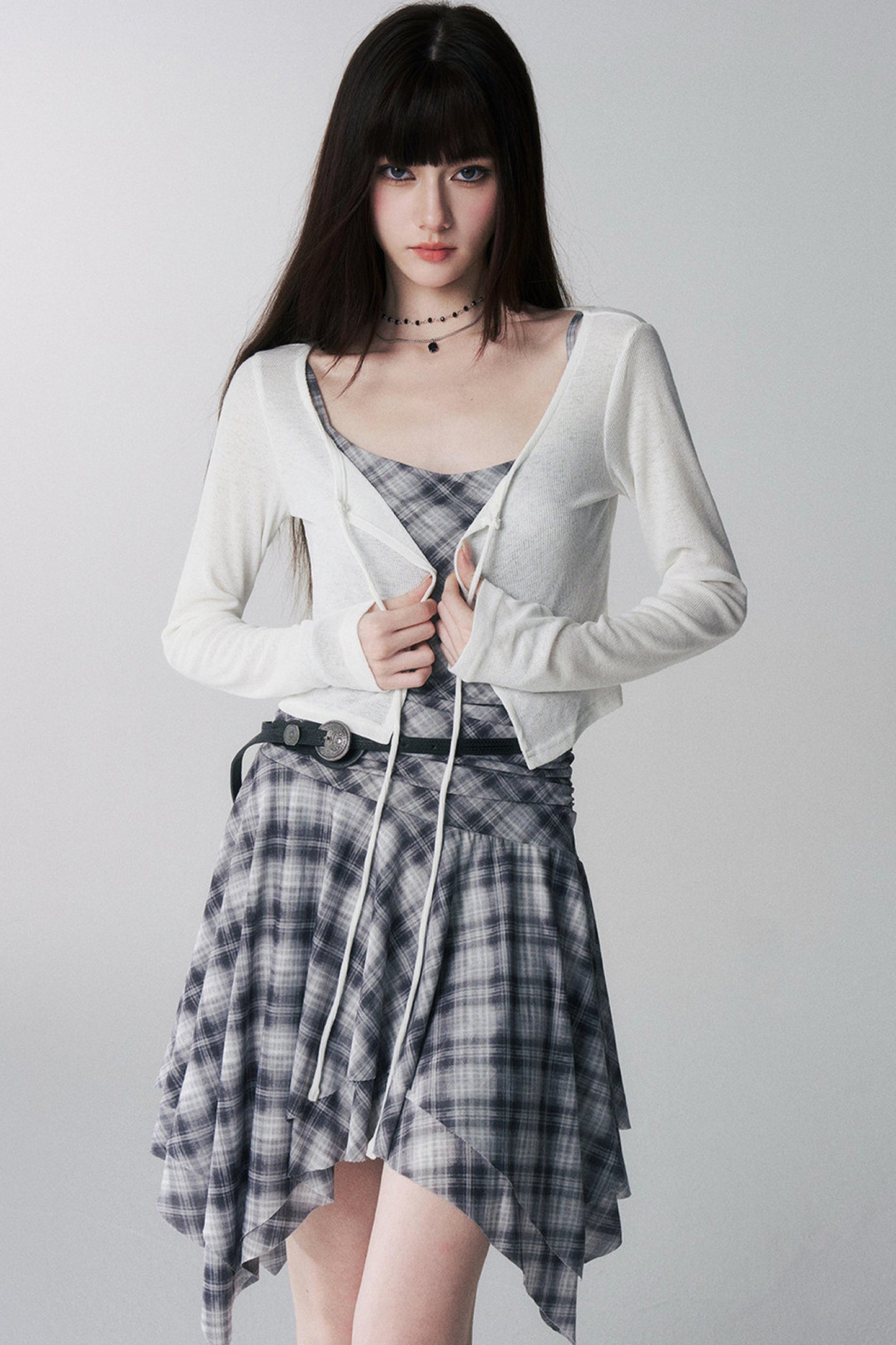 Irregular Plaid Suspender Dress Set-Up