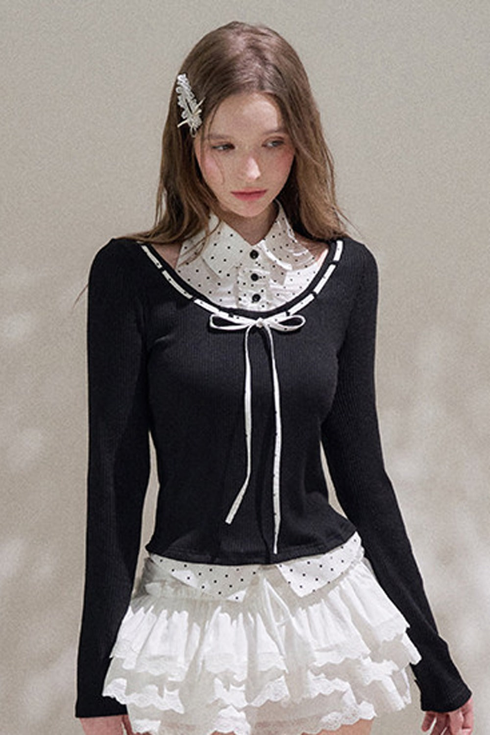 Black Halter Polka Dot Layered Blouse