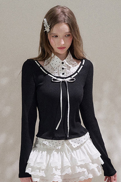 Black Halter Polka Dot Layered Blouse