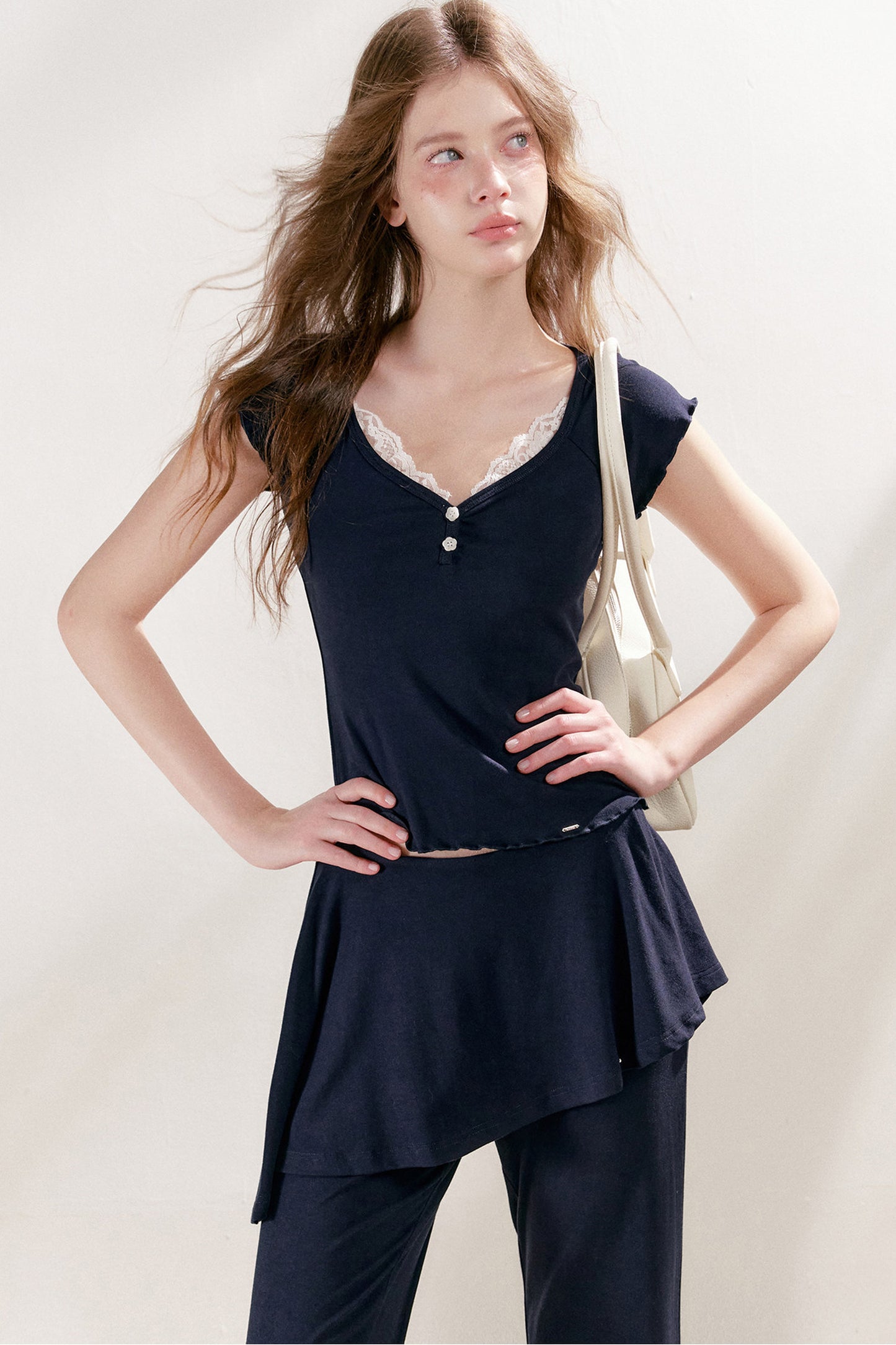 French Lace U-Neck Peplum Top and Flared Pants Set-Up