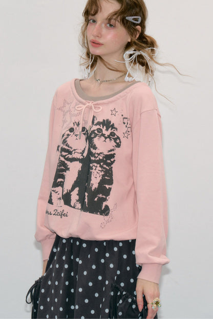 Pink Cat Print Tie Neck Sweatshirt