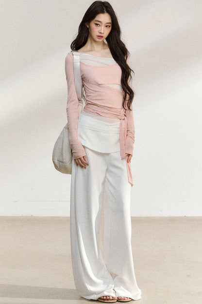 White Waistband Straight-Leg Pants