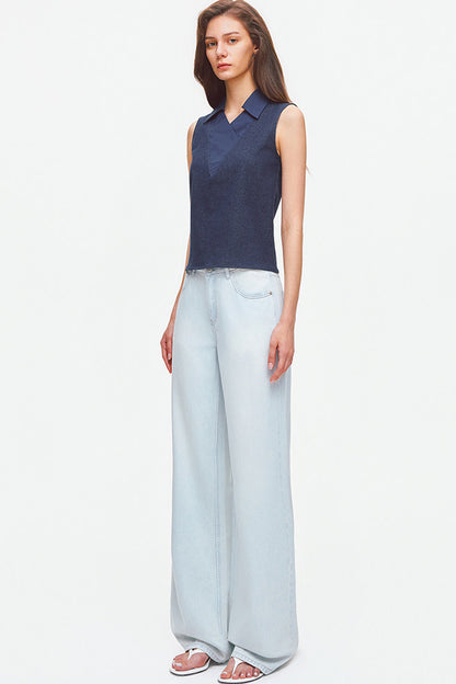 Layered-Look Polo Collar Sleeveless Top