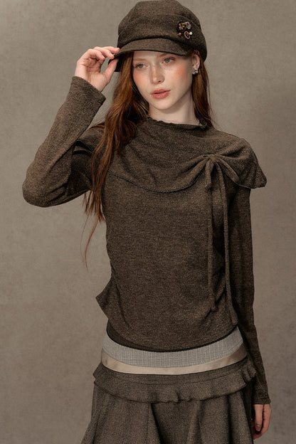 Bowknot Cape Collar Long Sleeve Top
