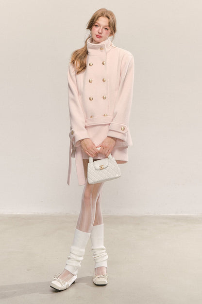 Elegant Double-Breasted Woolen Coat and Skirt Set-Up