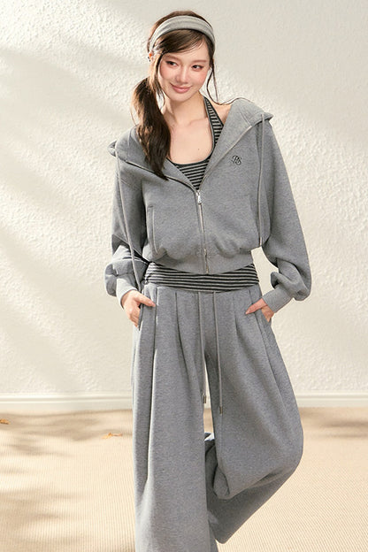 Hooded Drawstring Cardigan Set-Up
