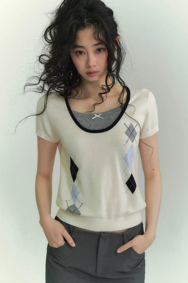 Diamond Pattern Fake Two-Piece Top