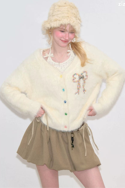 Apricot Bowknot Knit Cardigan