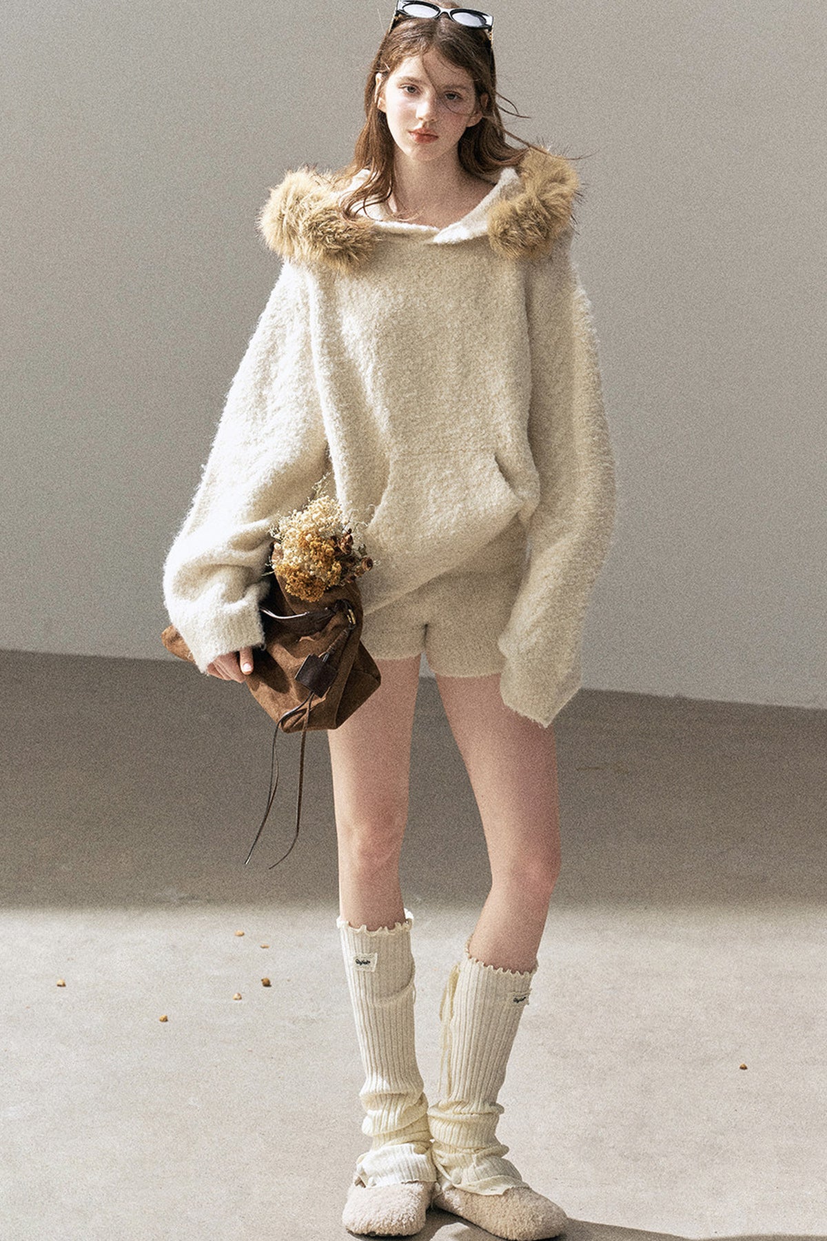 Hooded Wool Knit Top And Shorts Set-Up