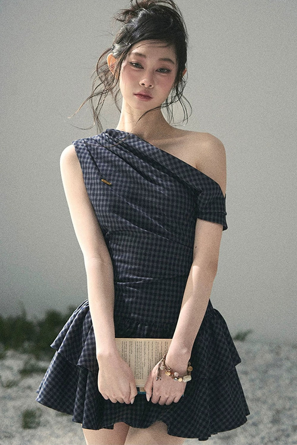 Moonlight Plaid Off-Shoulder Dress
