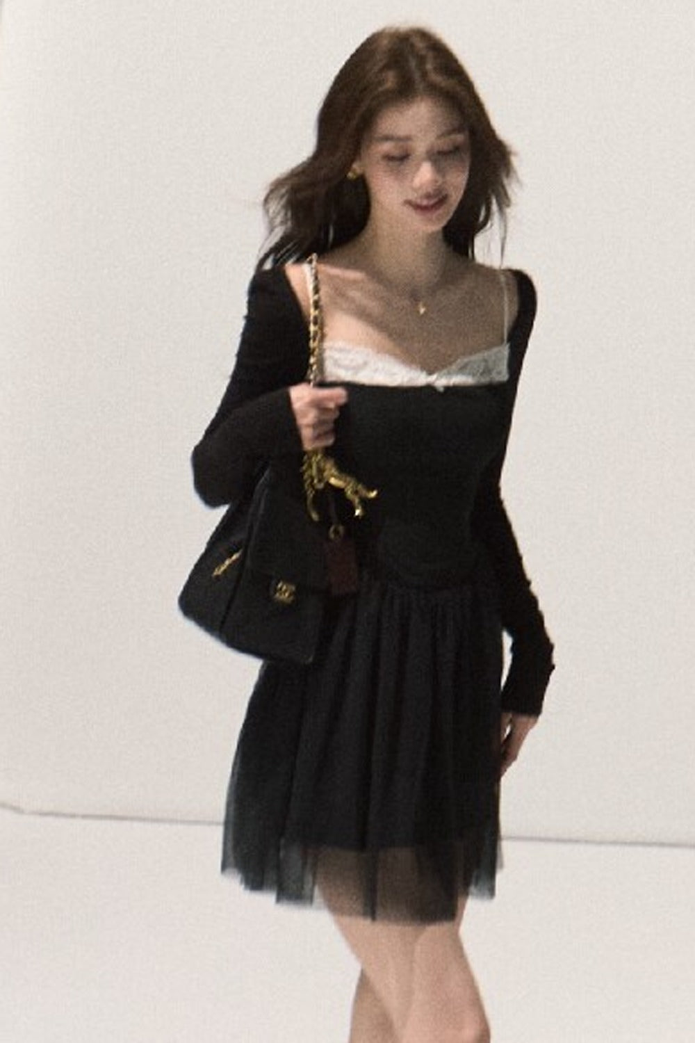Lace-Trimmed Black Knit Dress