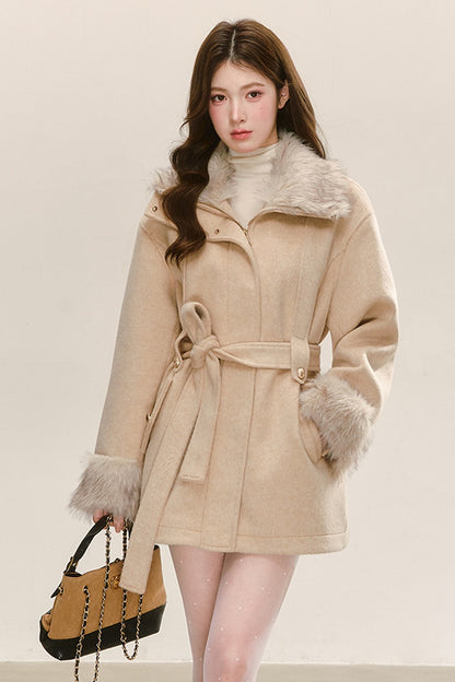 Quilted Faux Fur Collar Lace-Up Woolen Jacket