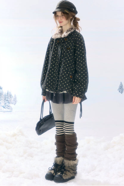 Short Polka Dot Plush Collar Cotton Jacket