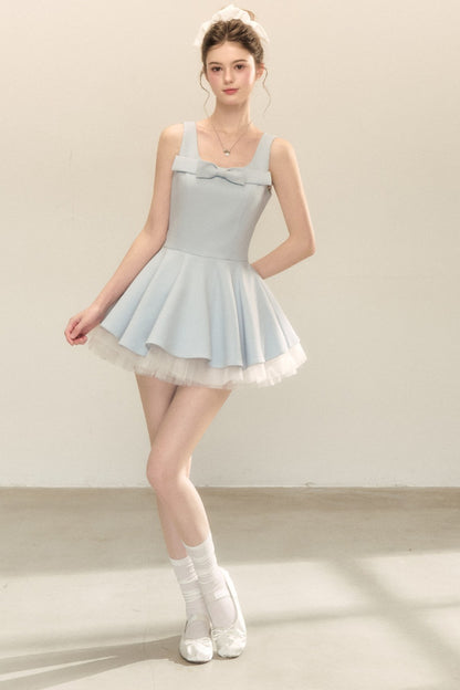 Bow Neck Spaghetti Strap Puffy Dress