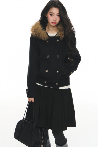 Wool Double-Breasted Fur Collar Coat Set-Up