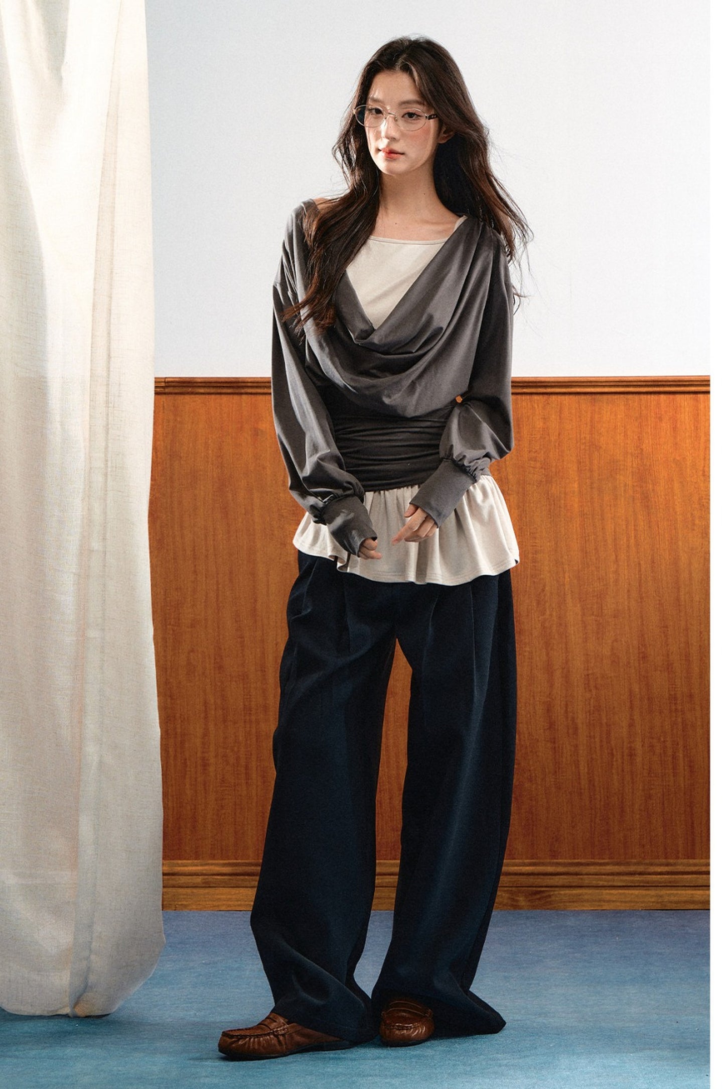 Draped Ruched Blouse and Inner Top Set-Up