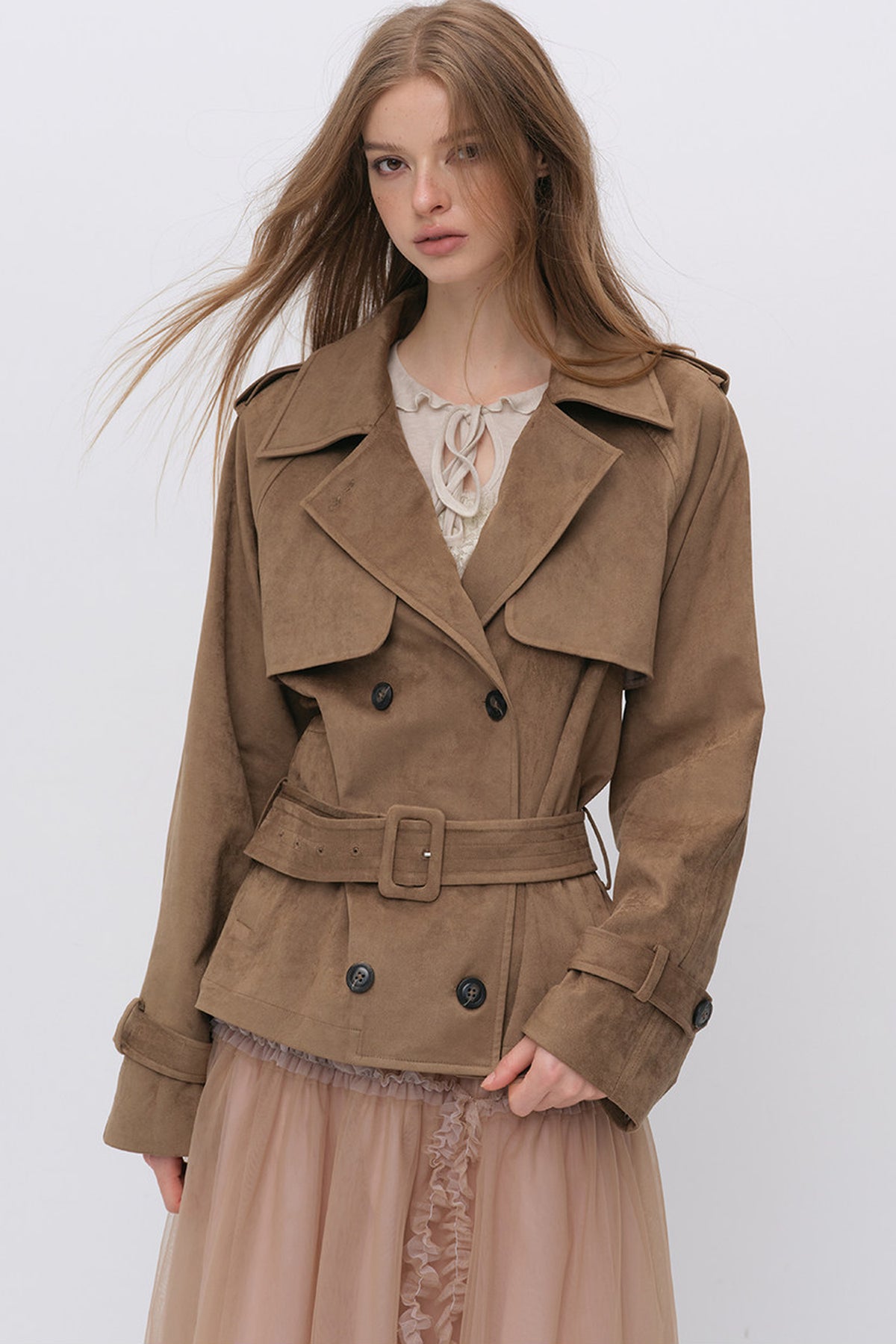 Suede Buttoned Trench Jacket