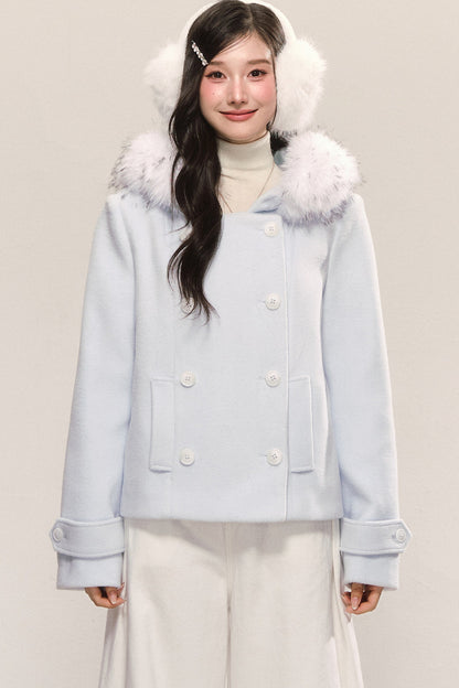 Double-Breasted Detachable Fur Collar Hooded Jacket