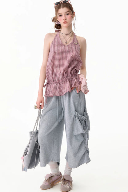 Pink American Retro Plaid Halter Tank Top