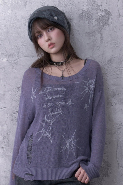 Purple Ripped Knit Print Sweater