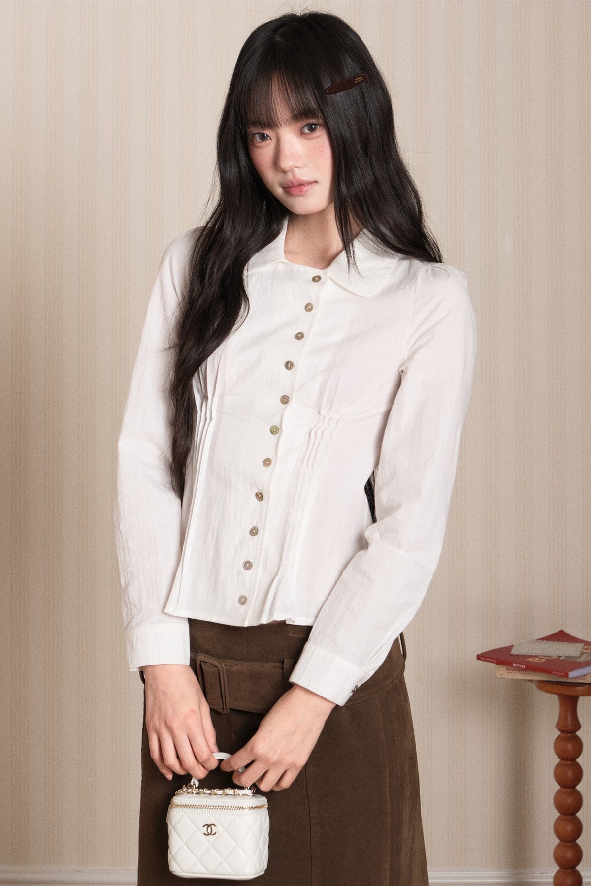 Pleated Shell Button Lapel Shirt