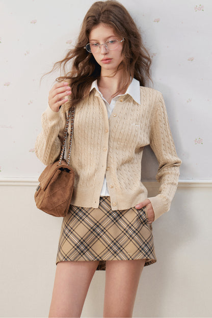 Wool Blend Spliced Shirt Cable Knit Cardigan