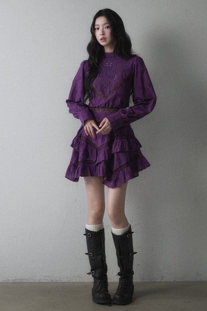 Long-Sleeved Hollow Embroidered Top and Asymmetrical Skirt Set-Up