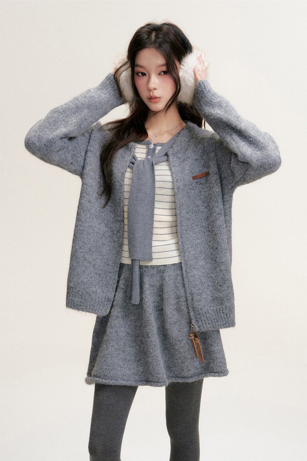 Striped Shawl Collar Long Sleeve Knit Sweater