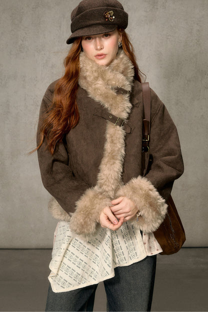 Oatmeal Chocolate Fur Trim Asymmetrical Jacket