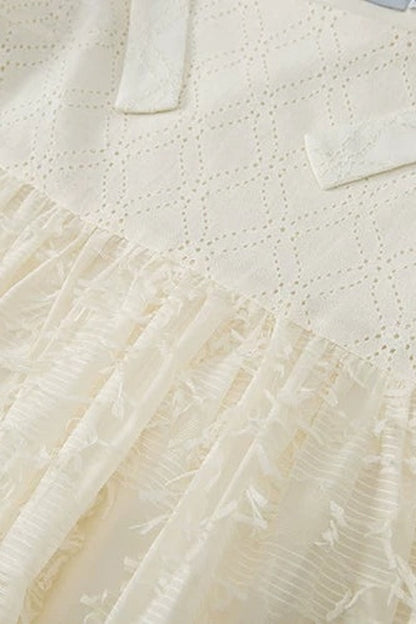 Beige Plaid Lace Bow Dress